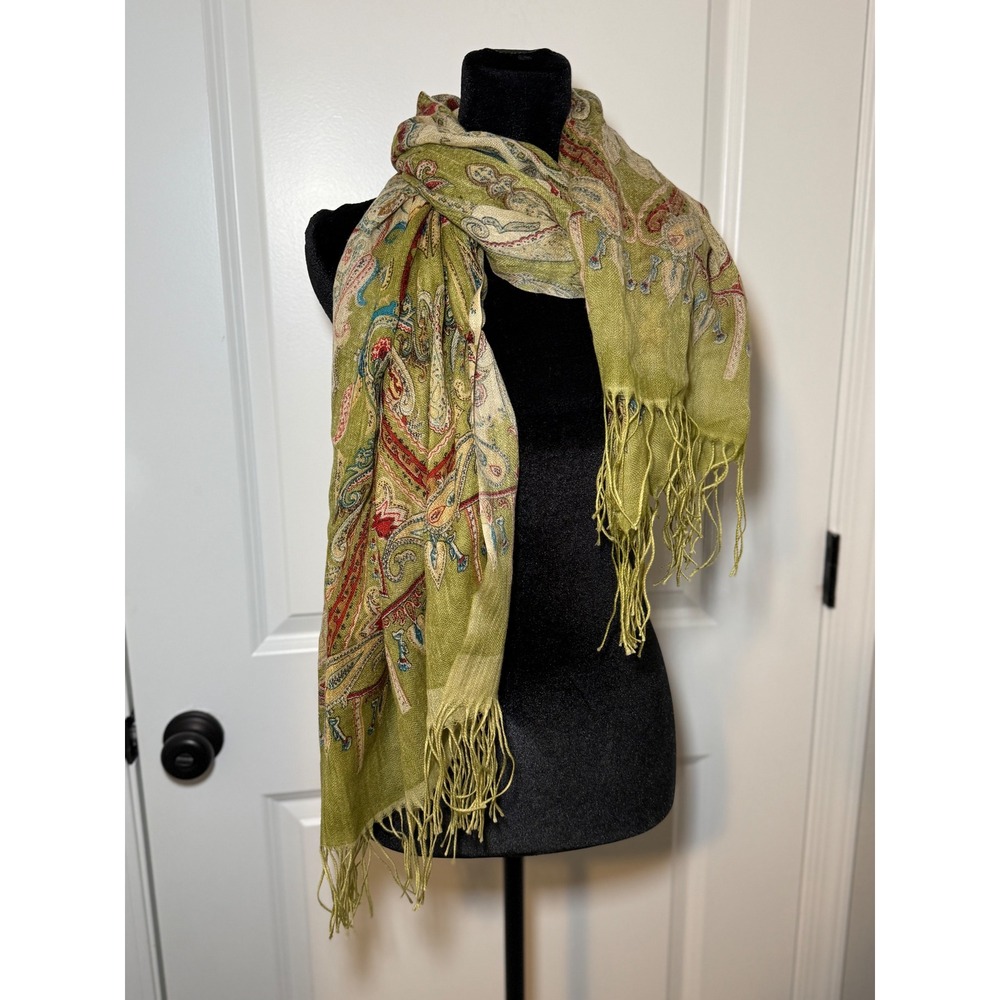 Sage Green Paisley Shawl Fringe Wrap Scarf Boho Ethnic Print Whimsigoth